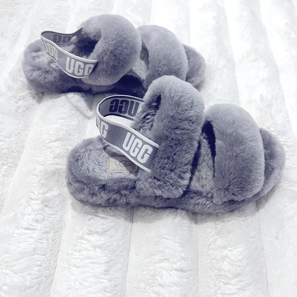 UGG Shoes - UGG Oh Yeah Slide Soft Gray Fluffy Slippers